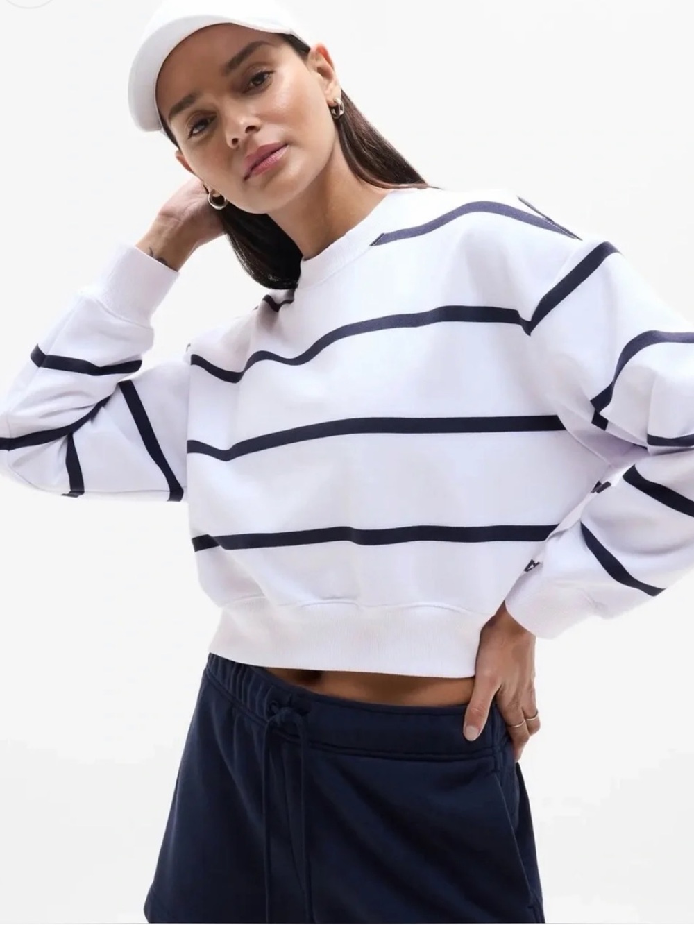 NWT Athleta Heavyweight Terry Ultra Crop Crew Sweatshirt | Navy/White | Size XL